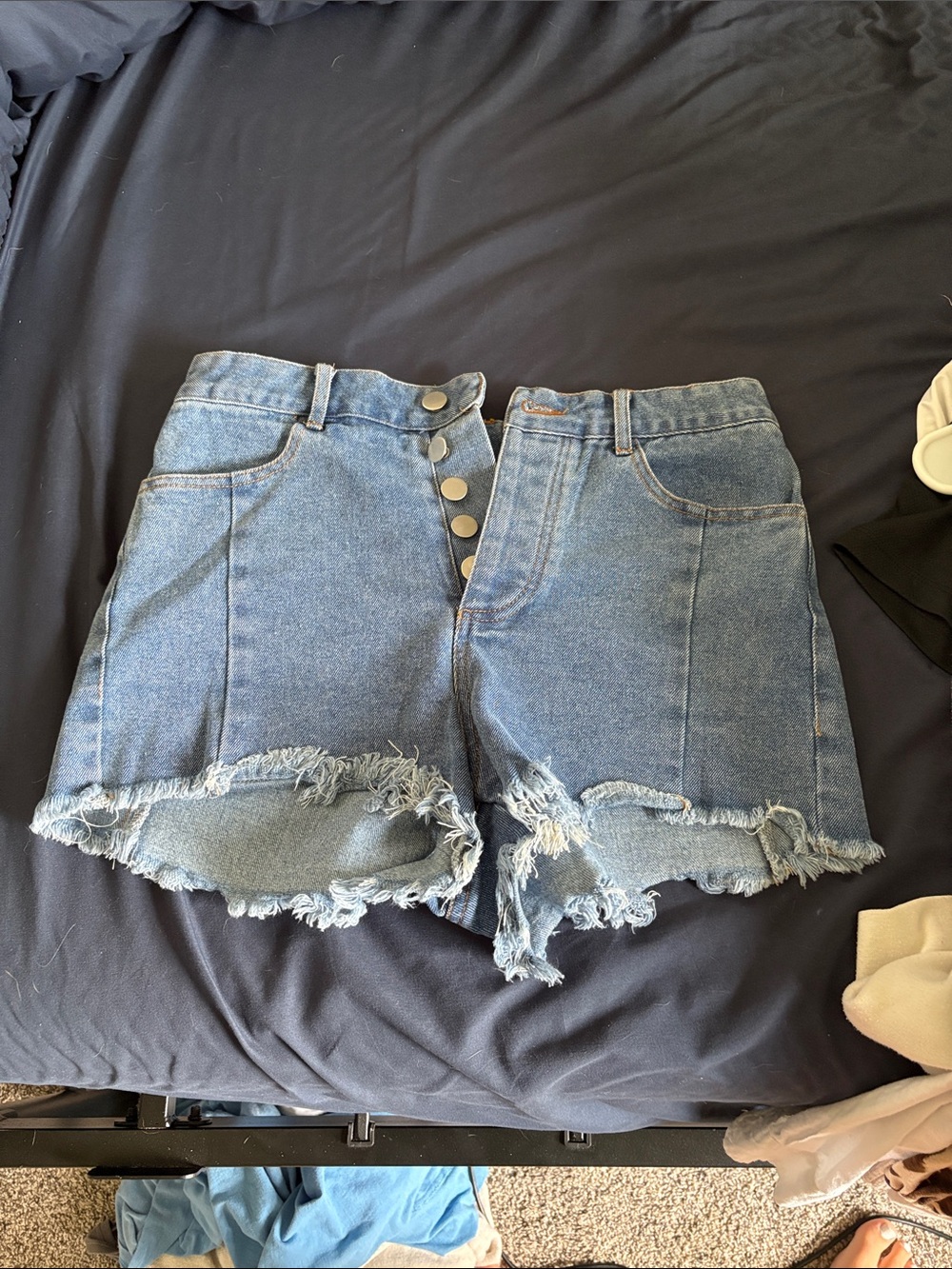 Le Lis Distressed Button-Fly Denim Shorts in Light Blue
